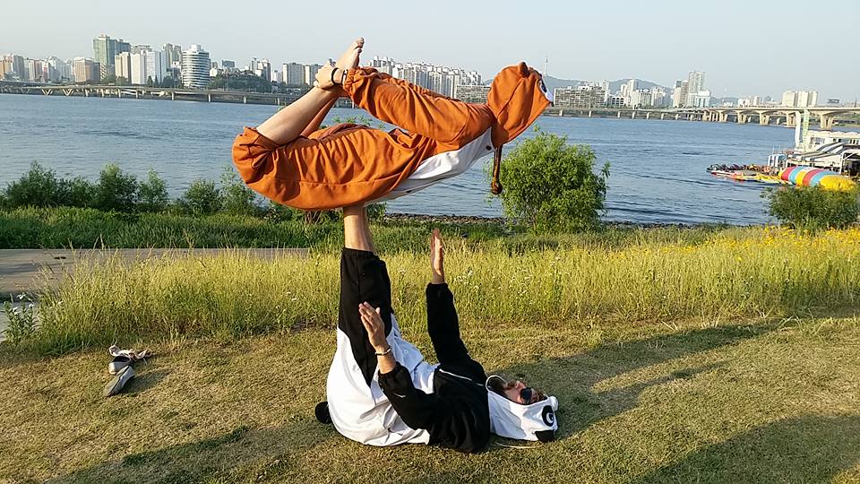 We just couldn't resist doing some acro yoga in onesies!
