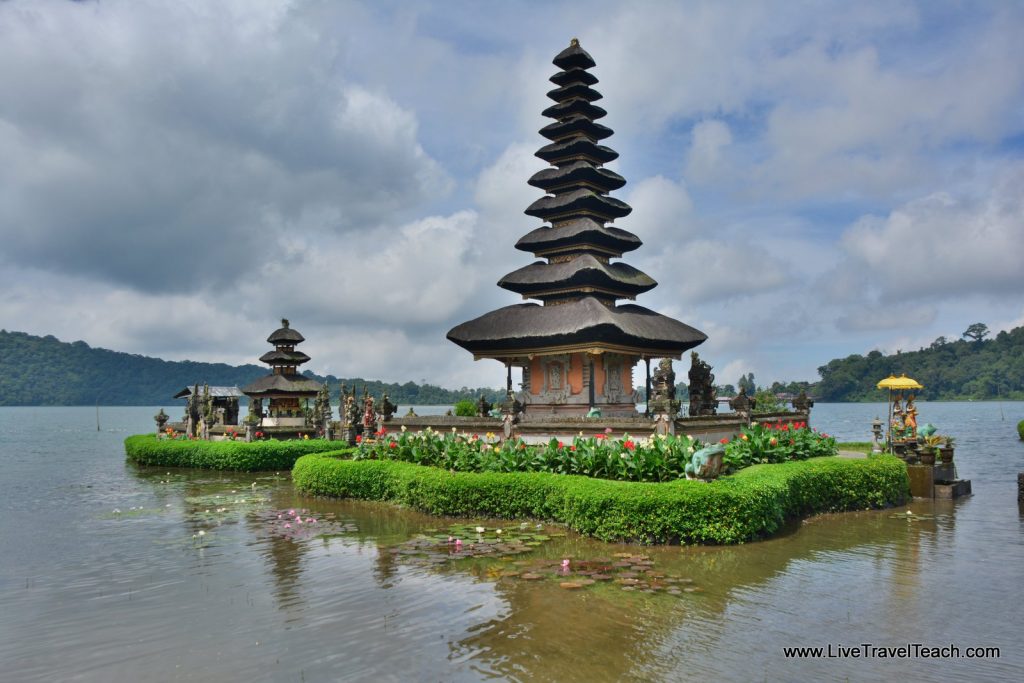 Bedugul Temple on lake with mountain backdrop Bali