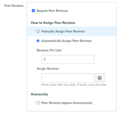Teaching Distance Learning screenshot of the Peer Reviews settings for Teaching Distance Learning