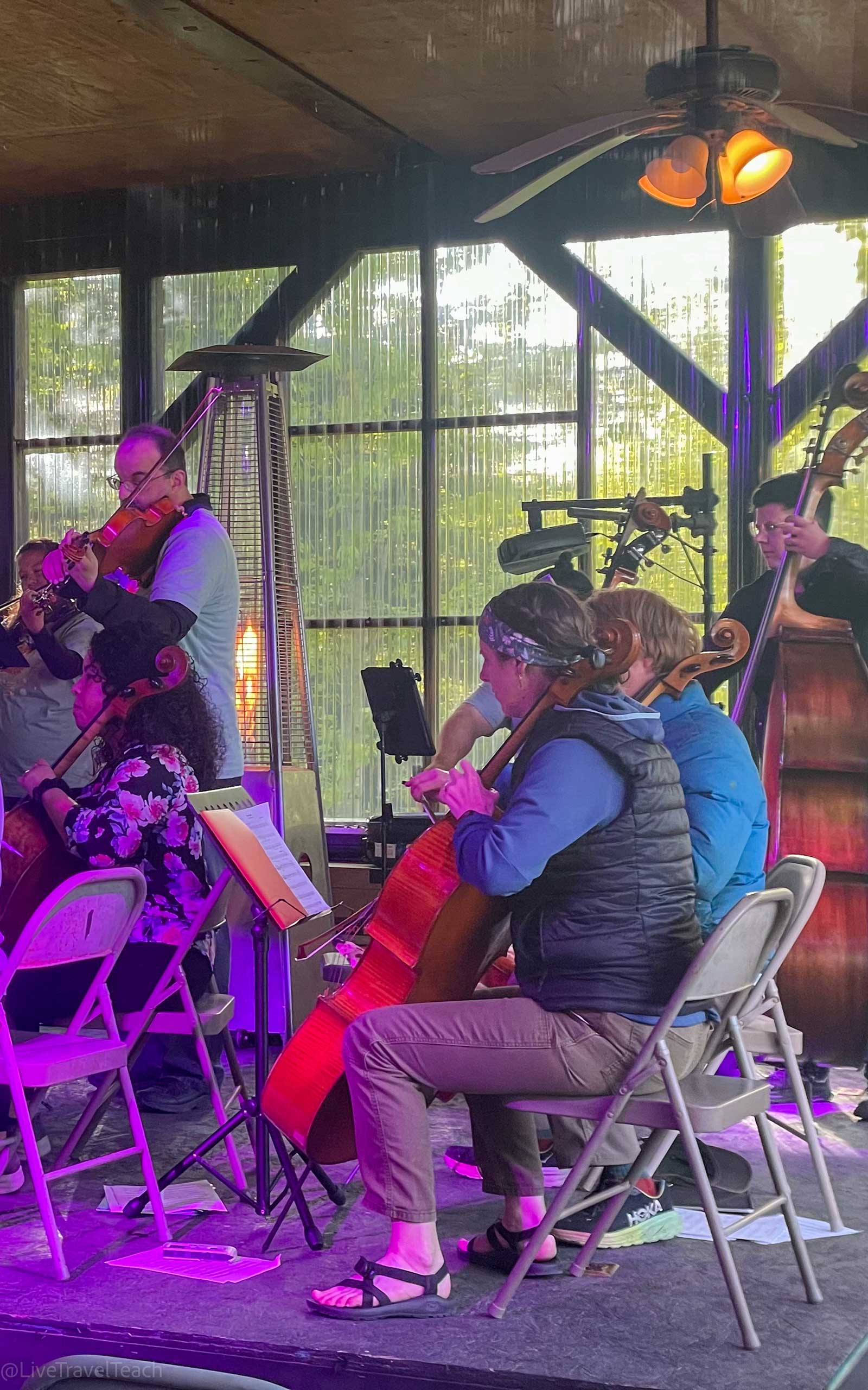 Elizabeth and the Anchorage Bowl Chamber Orchestra performing at Gwin's Lodge in Cooper Landing, Alaska.