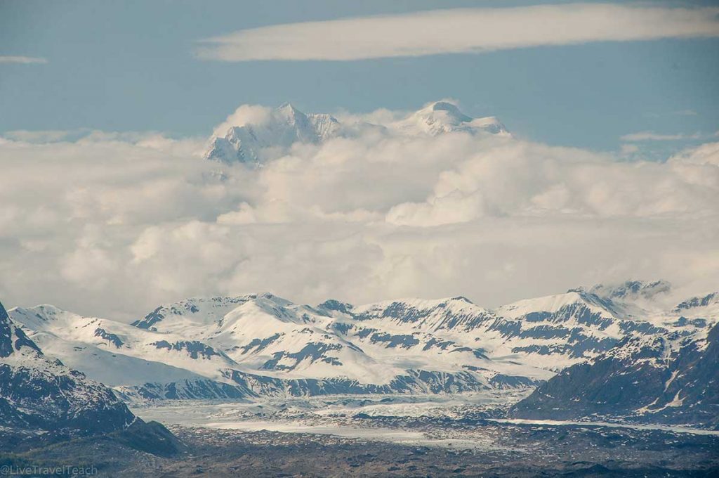 Mount Foraker hides in the clouds above Ruth Glacier
