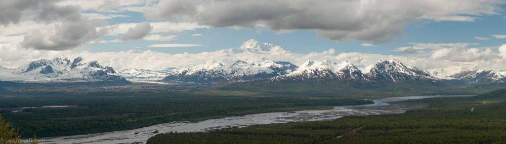 a panorama of the Alaska Range, featuring Denali
