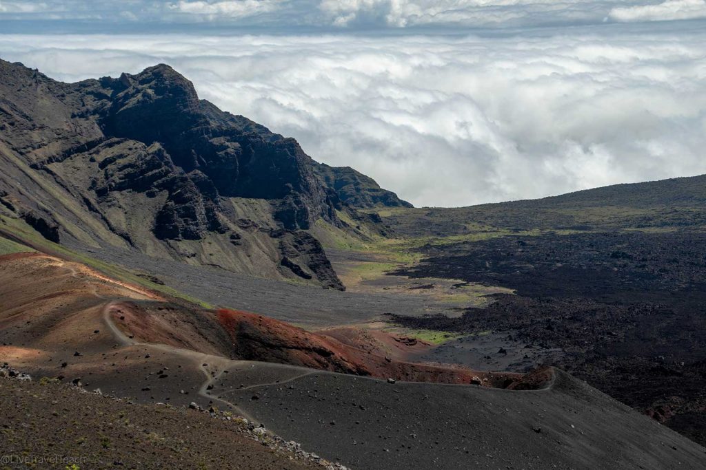 Hiking in Haleakala volcanic landscape inside the crater of Haleakalā National Park
