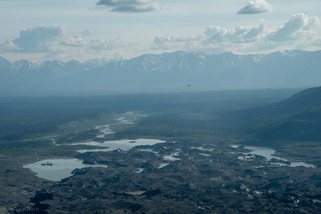 scenic landscape of glaciers, rivers, and mountains in Wrangell&ndash;St. Elias National Park and Preserve