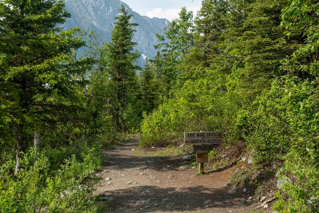 Erie Mine Trail a hiking trail marker pointing toward the Erie Mine Trail and Glacier Access