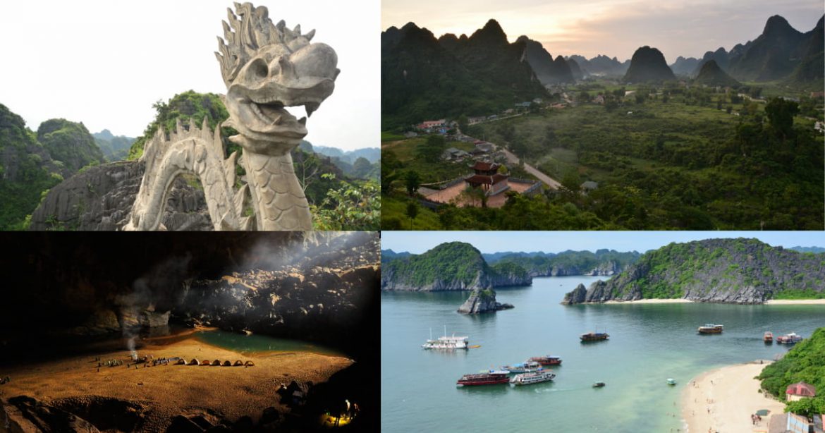 Collage of best places to visit in Vietnam including Tam Coc dragon, karst mountains, Son Doong Cave and Ha Long Bay